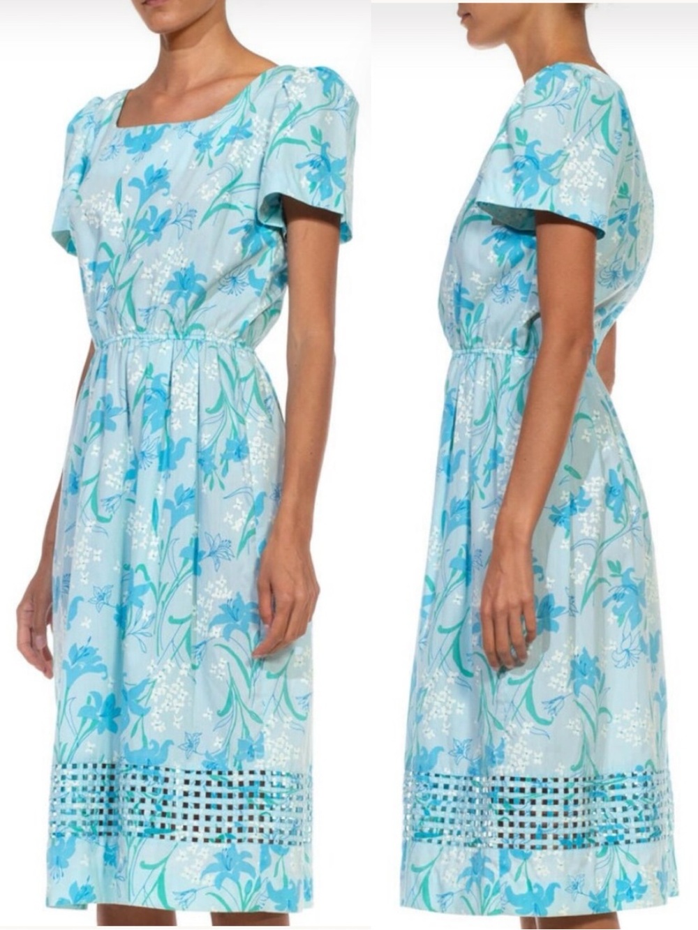 Vintage Lilly Pulitzer 80’s cotton midi dress light blue floral basket weave hem - Picture 3 of 16